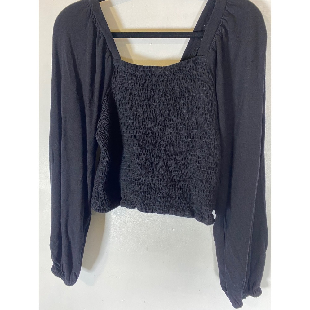 Smocked Cropped Top Square Neck Balloon Sleeve‎ Blouse Size S Dark Cottagecore